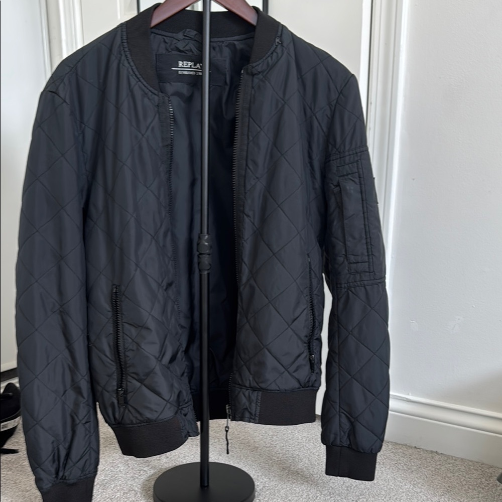 Replay Black Bomber Jacket with Ribbed Cuffs